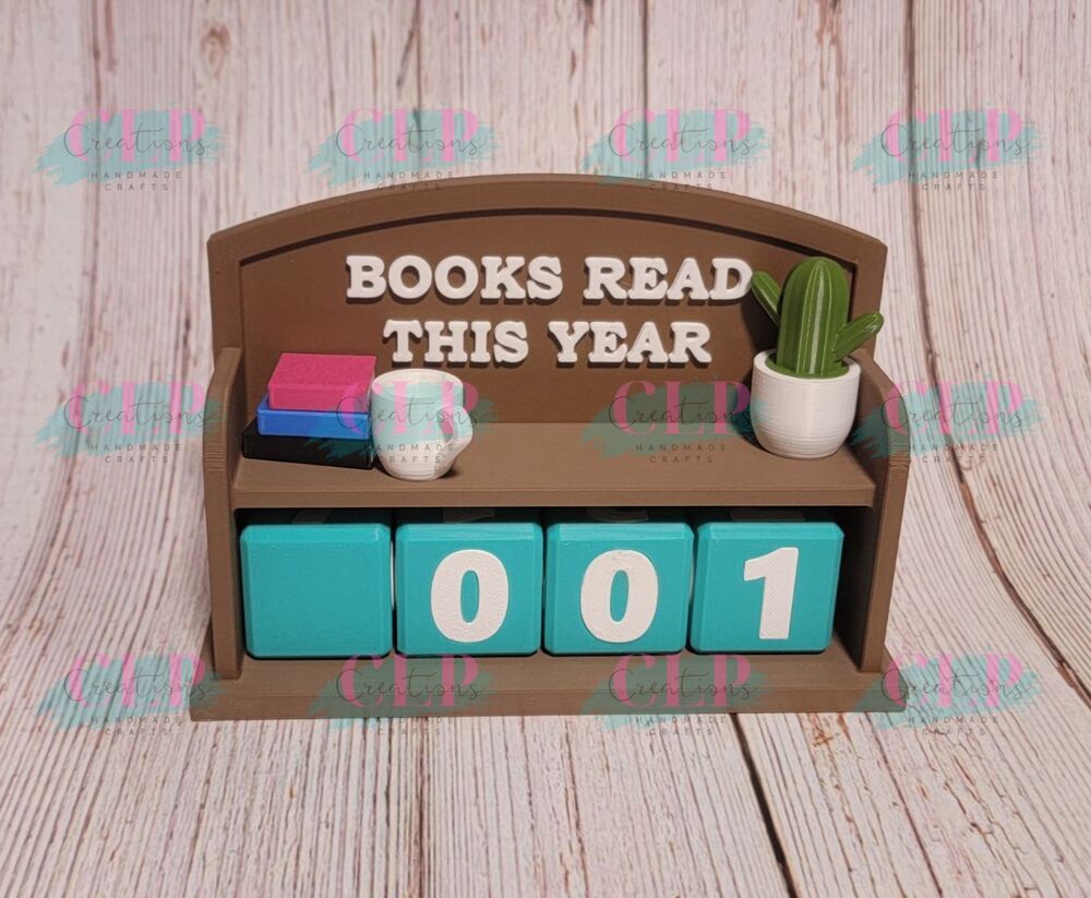 3D Printed Books Read This Year Counter BookShelf With Dice, Books, Mug & Cactus